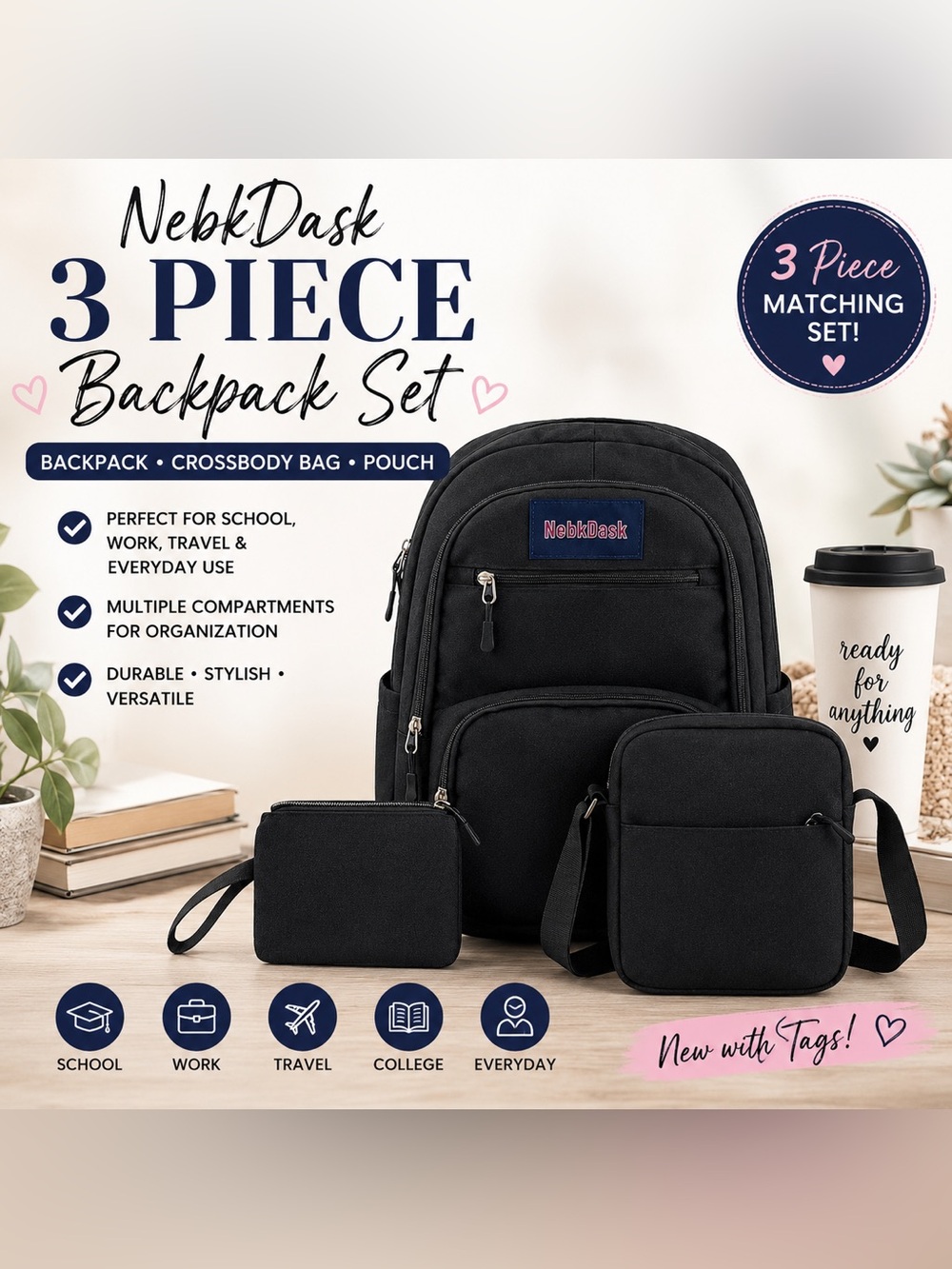 NWT NebkDask 3 Piece Black Backpack Crossbody Bag & Pouch Set Travel School